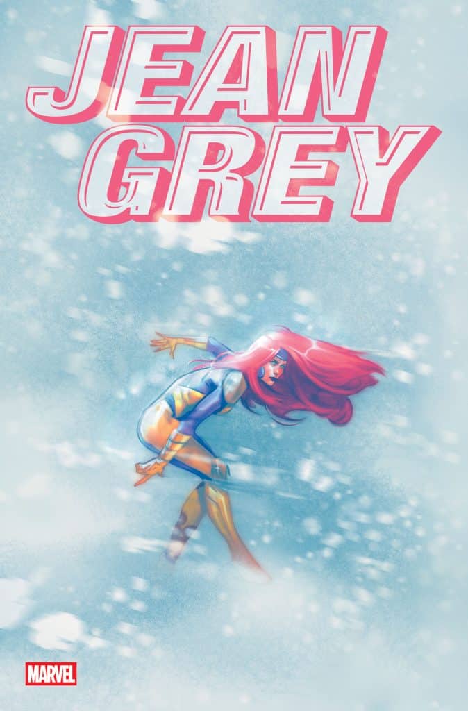 A dynamic illustration of Jean Grey, a Marvel comic character, depicted with flowing red hair and a stylish superhero outfit, surrounded by a misty, light blue background.