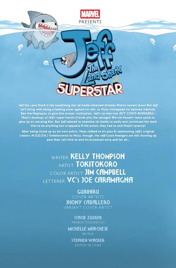 Cover page for 'Jeff the Land Shark: Superstar' by Marvel, featuring a cartoon shark and a superhero dog in a colorful underwater setting, with text detailing the comic's creators and storyline.