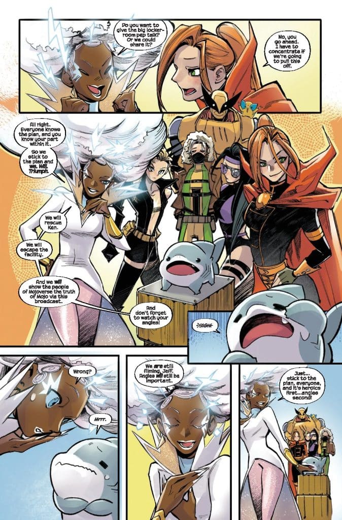 A group of diverse, stylish characters discussing a plan while a small, cartoonish creature is present. The scene conveys a sense of teamwork and urgency, with dialogue about rescue and important actions to be taken.