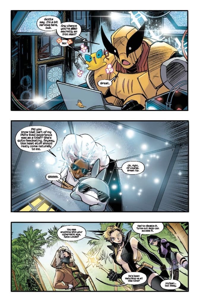 A comic page featuring characters in humorous dialogue. The top panel shows a character in a mechanical suit at a computer, alongside a cartoonish creature. The middle panel portrays characters with futuristic accessories discussing past experiences. The bottom panel features two characters in a tropical setting discussing surveillance and cybernetic abilities.