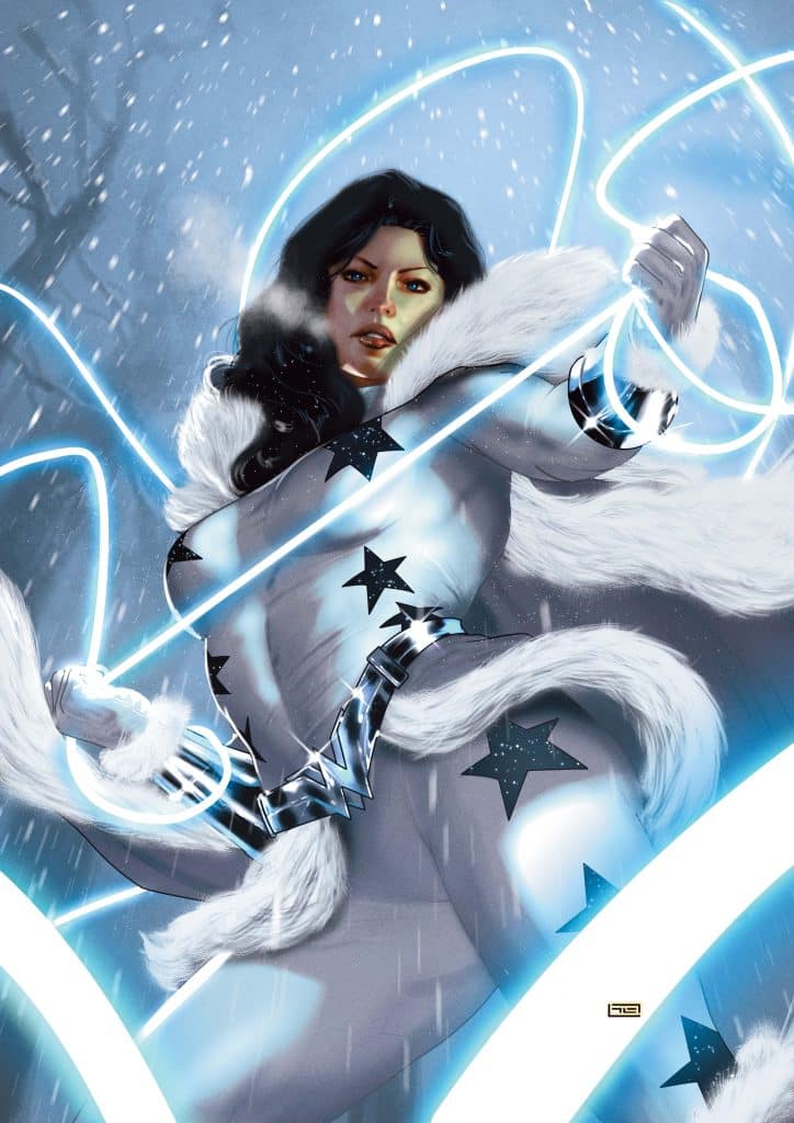 A powerful female superhero clad in a white and silver costume with fur accents, surrounded by swirling blue light against a snowy background.