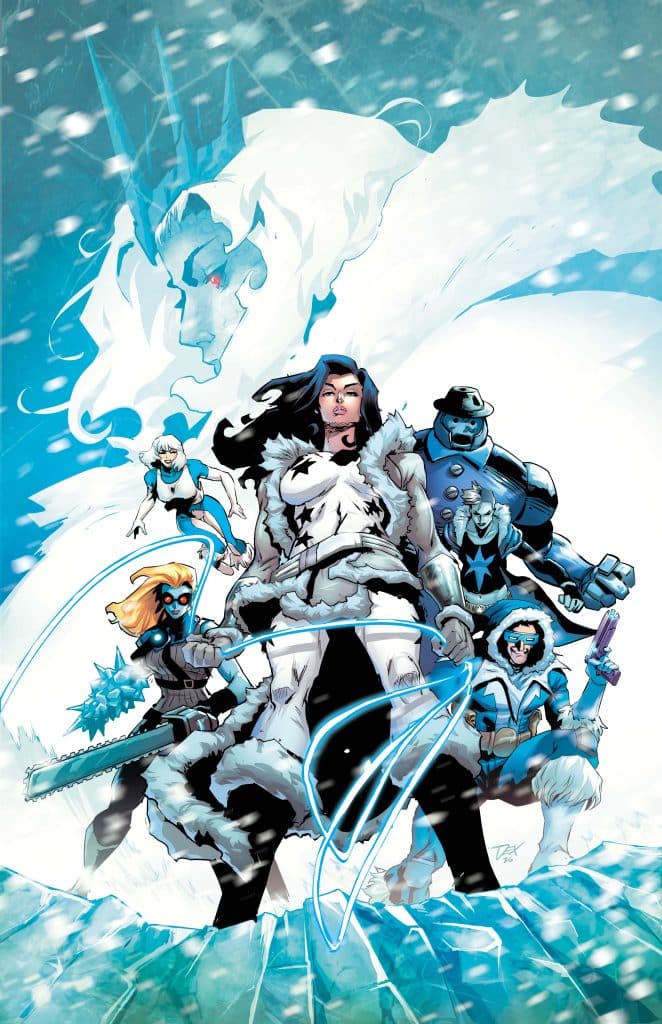 A group of five ice-themed characters standing together in a snowy landscape, with the central figure depicted in a furry white coat and wielding a sword made of ice. The background features a large ice creature and snowflakes falling.