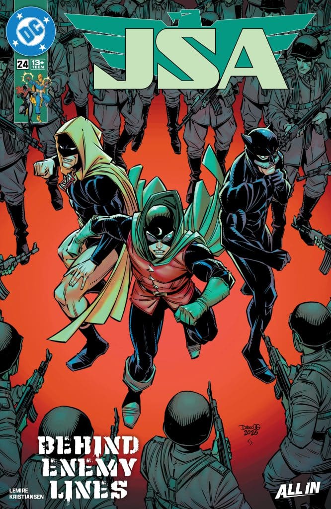 Comic book cover featuring three superheroes in dynamic poses, with a group of soldiers armed in the background. The title 'JSA' is displayed prominently, along with 'Behind Enemy Lines' at the bottom.