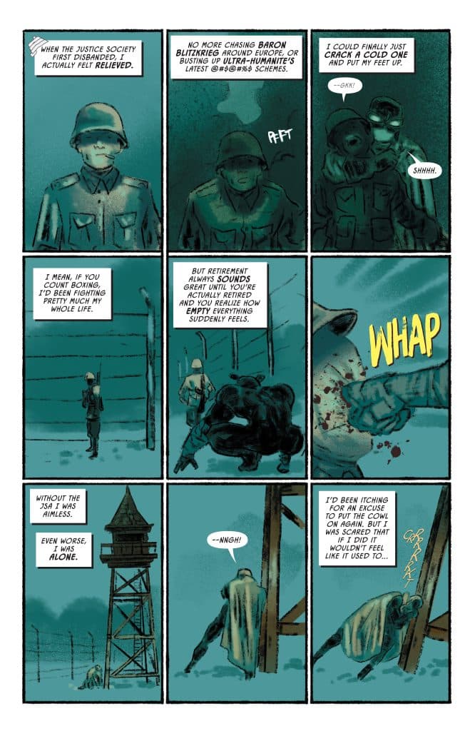 A comic panel depicting two soldiers discussing retirement from their roles in a superhero society.