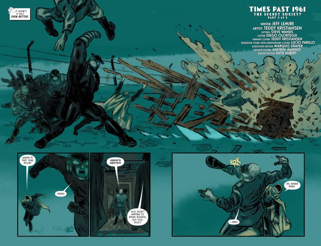 A comic book panel depicting an action scene with characters in a fight, showcasing intense movements and chaotic backgrounds.