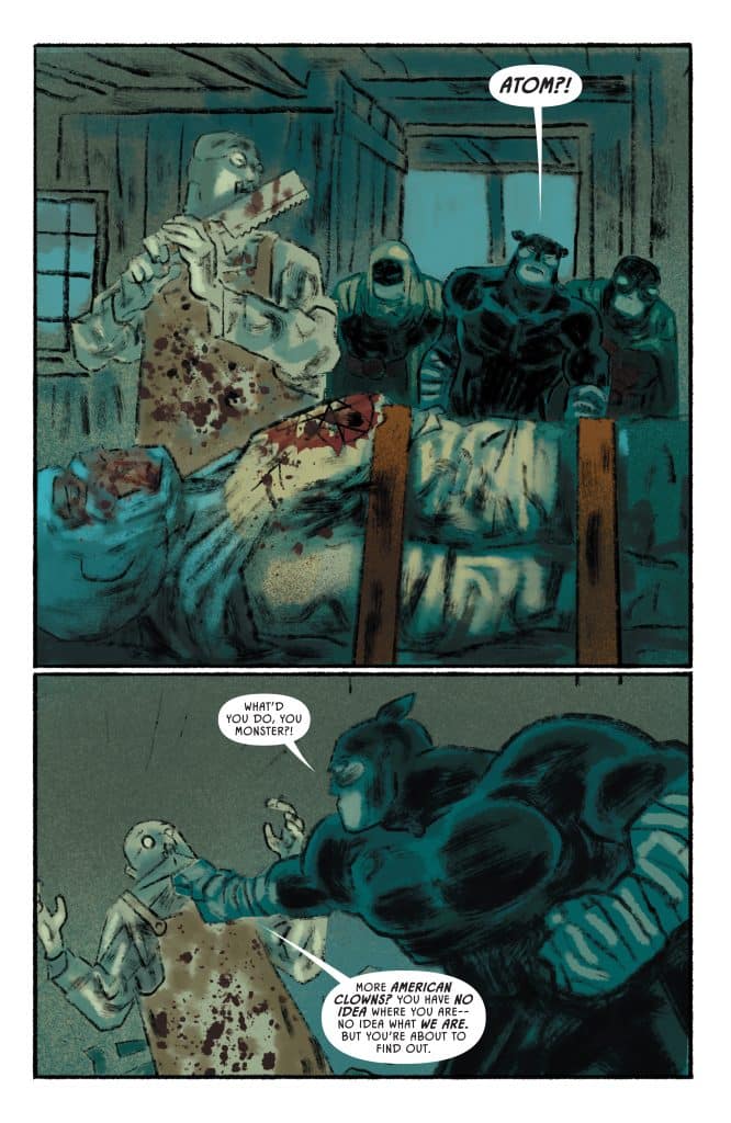 A dark comic book scene depicting a confrontation in a dimly lit room. A bloodied figure lies on a bed while a character holding a weapon looms above, expressing shock. Other shadowy figures stand in the background, hinting at tension and danger.