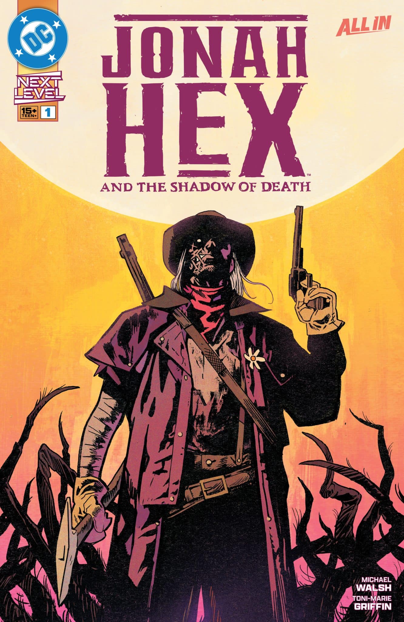 Comic book cover featuring Jonah Hex, a western anti-hero, holding guns in a dramatic pose against a vibrant orange and purple sunset background.