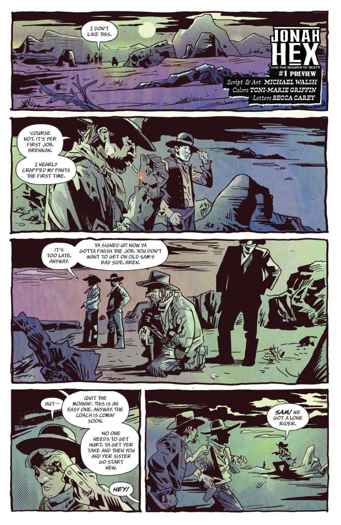 A comic book page featuring characters from 'Jonah Hex' standing in a rocky landscape under a moonlit sky, discussing a job and the arrival of a coach.