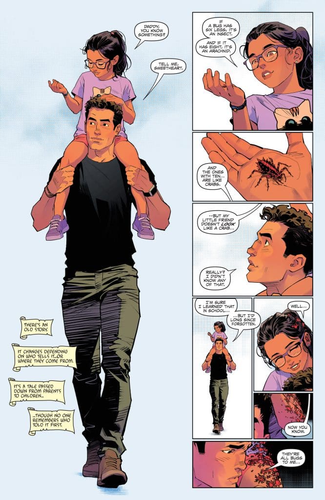 A father carrying his daughter on his shoulders, while engaging in a conversation about insects and arachnids.