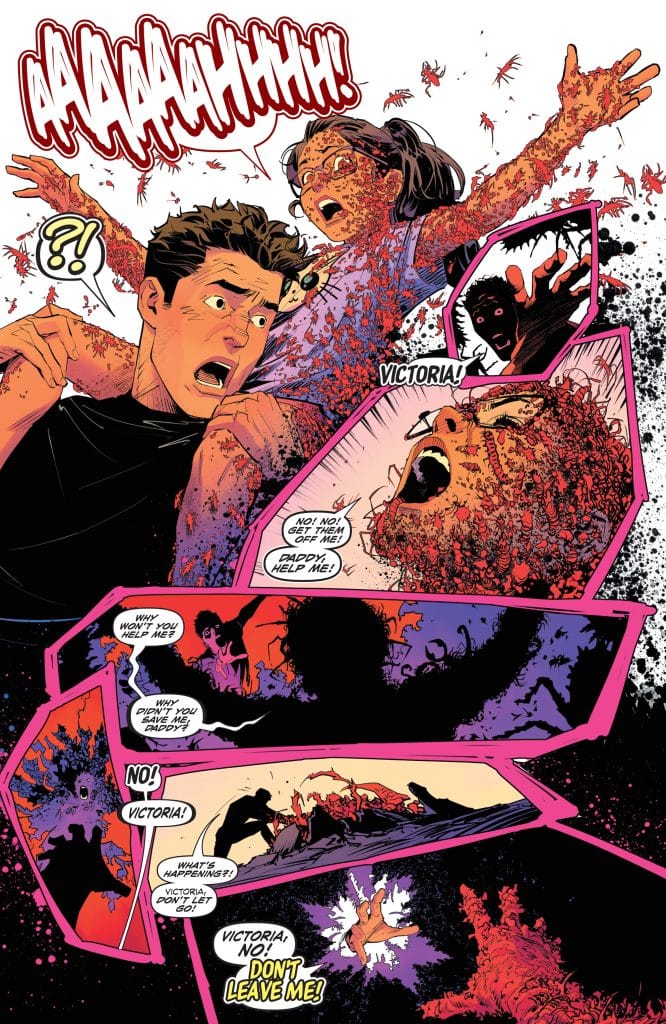 A dramatic comic panel featuring a terrified young girl named Victoria covered in red, with a frantic adult male reaching out to her. The background shows chaos, with expressions of fear and desperation as they call out to each other.