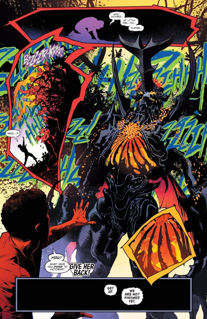 A tense scene from a comic book where a character in a red shirt reaches out in desperation, demanding the return of someone named Victoria to a dark, menacing figure adorned with glowing patterns and spikes.