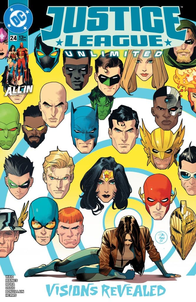 Cover of Justice League Unlimited comic issue 24 featuring various superheroes' faces arranged in a circular pattern, with Wonder Woman in the foreground sitting on the ground, and the title 'VISIONS REVEALED' at the bottom.