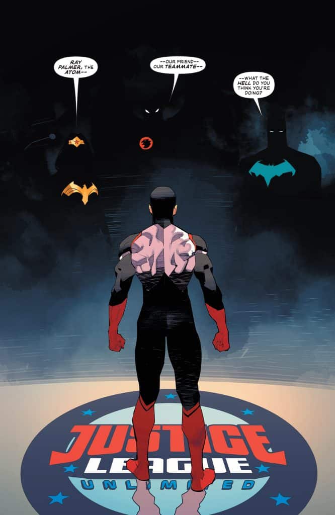 A superhero stands on a 'Justice League Unlimited' logo, facing shadowy figures of other superheroes. Speech bubbles indicate a tense conversation about teamwork.