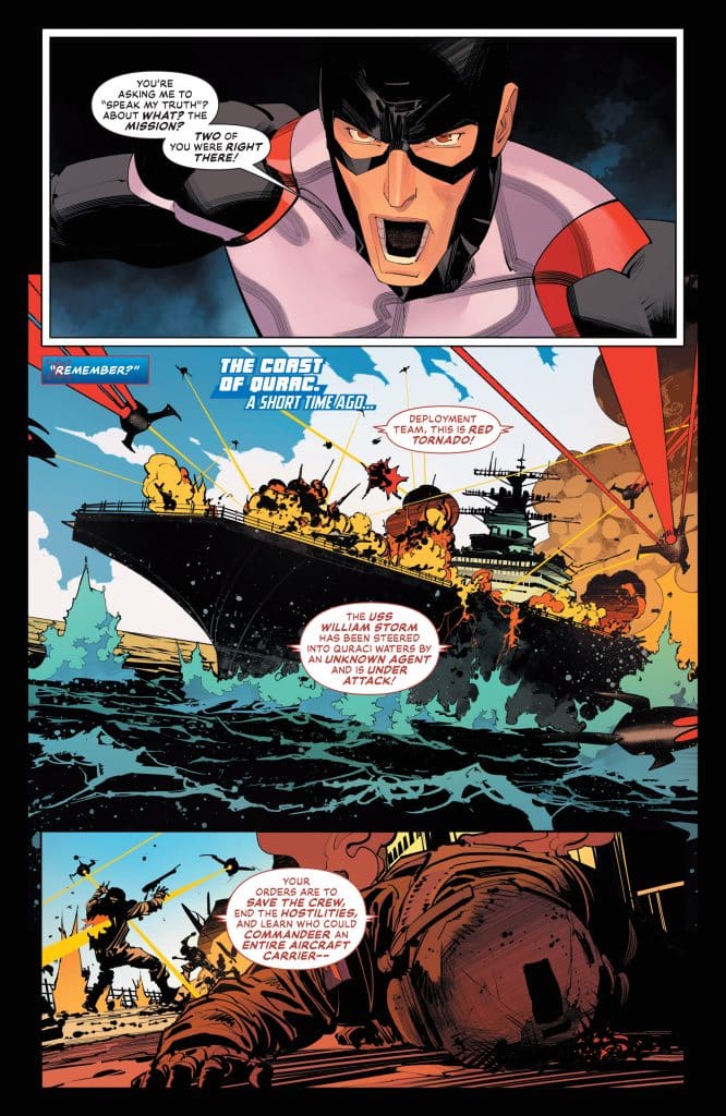 A comic panel featuring an animated character in a superhero costume, shouting a directive. In the background, an aircraft carrier is under attack with explosions in the water. The scene includes dramatic text bubbles detailing a military mission regarding an unknown agent and orders to save the crew.
