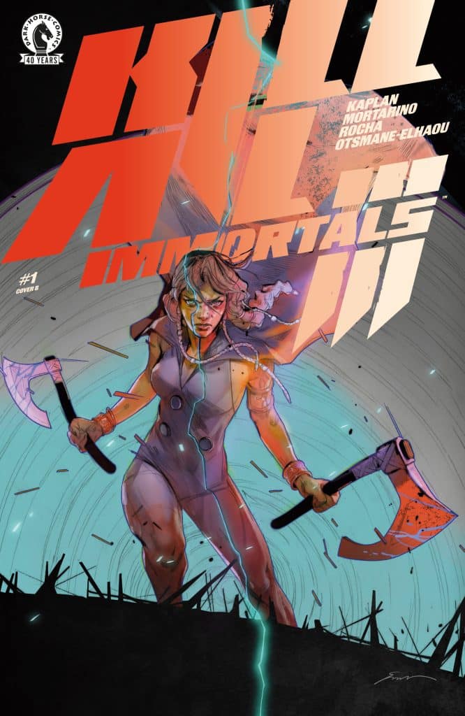 Comic book cover of 'Kill Immortal #1' featuring a female character wielding two axes, with a dynamic and colorful background.