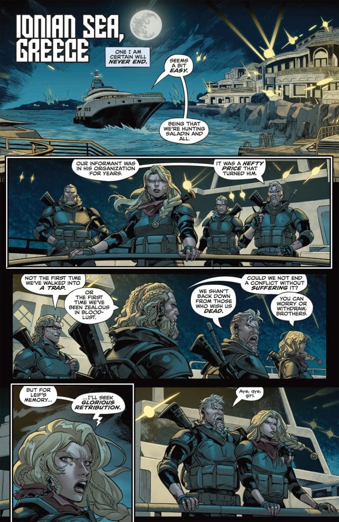 A comic panel set in the Ionian Sea, Greece, featuring a group of armed characters discussing their mission. The scene includes a boat, a coastal structure, and a moonlit sky. The characters express determination and a sense of conflict.