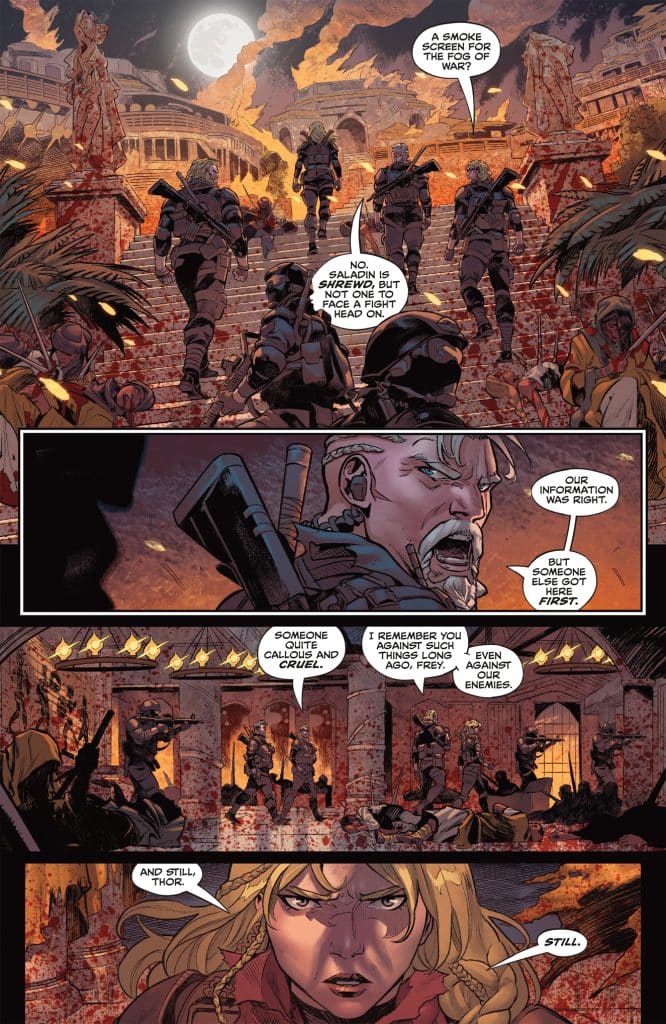 A dramatic comic book scene depicting a group of armed soldiers ascending steps in a fiery, chaotic environment, while engaged in a tense conversation, with a focus on two characters expressing concern and determination.