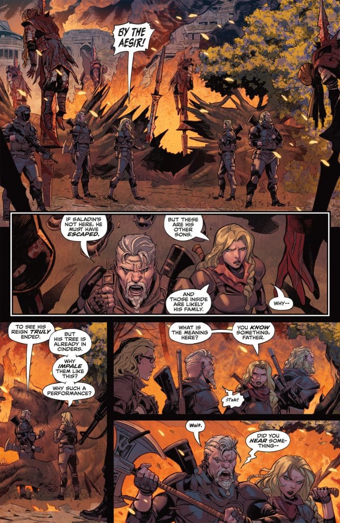 A comic book scene depicting a group of armored characters standing amidst a fiery background, discussing a character named Saladin and his family.