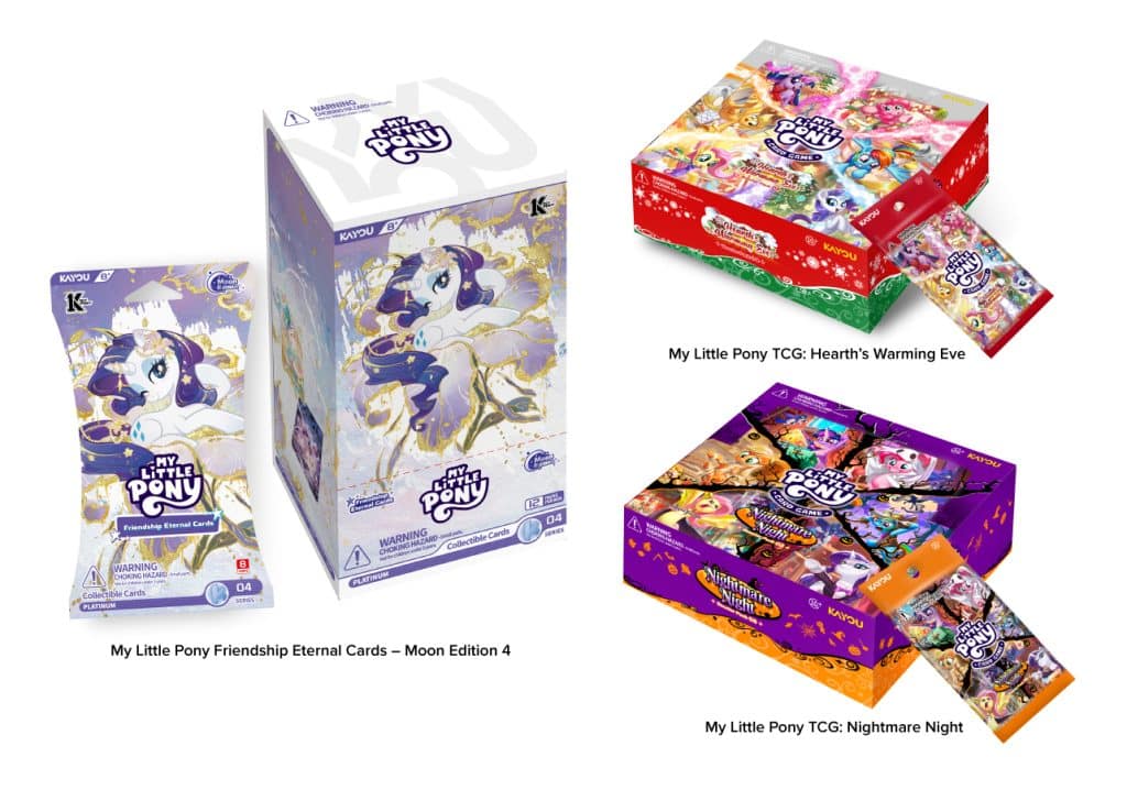 Image of various My Little Pony trading card game products, including a box for Friendship Eternal Cards - Moon Edition 4, Hearth's Warming Eve, and Nightmare Night, featuring colorful designs and characters from the series.