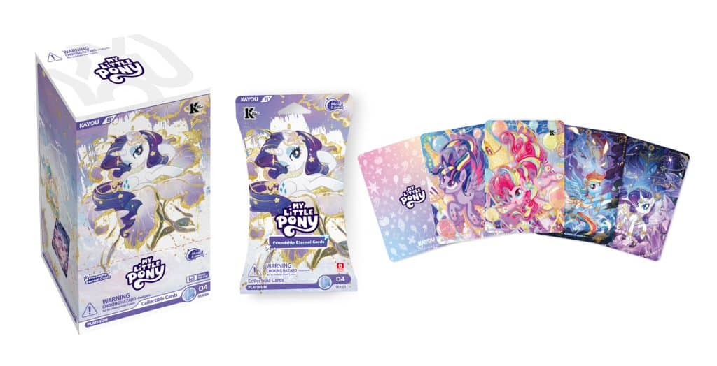 A collectible box set of My Little Pony featuring Friendship Eternal Cards, with a prominent Rarity design on the front. The set includes a pack of cards, showcasing various characters like Twilight Sparkle, Pinkie Pie, Rainbow Dash, and others on colorful backgrounds.