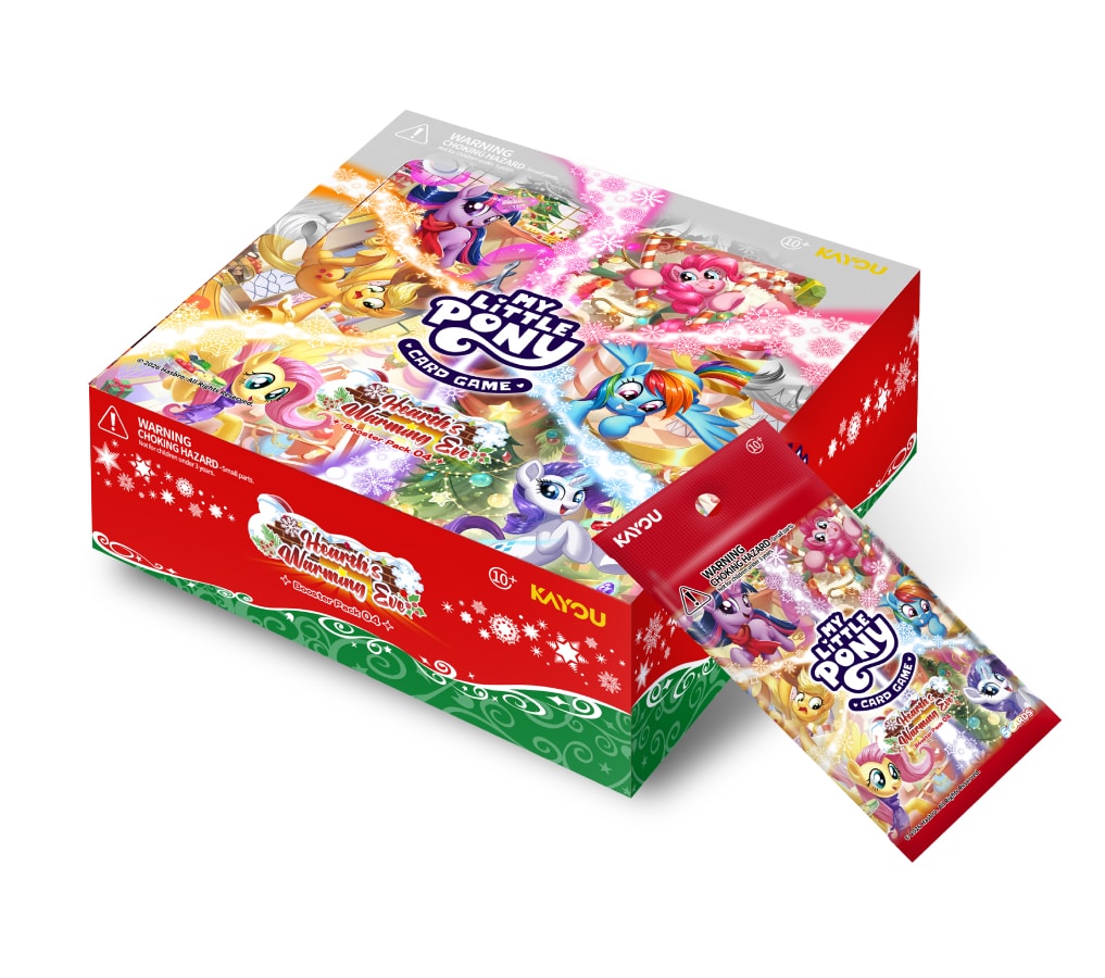My Little Pony card game packaging featuring colorful characters and holiday-themed decorations.