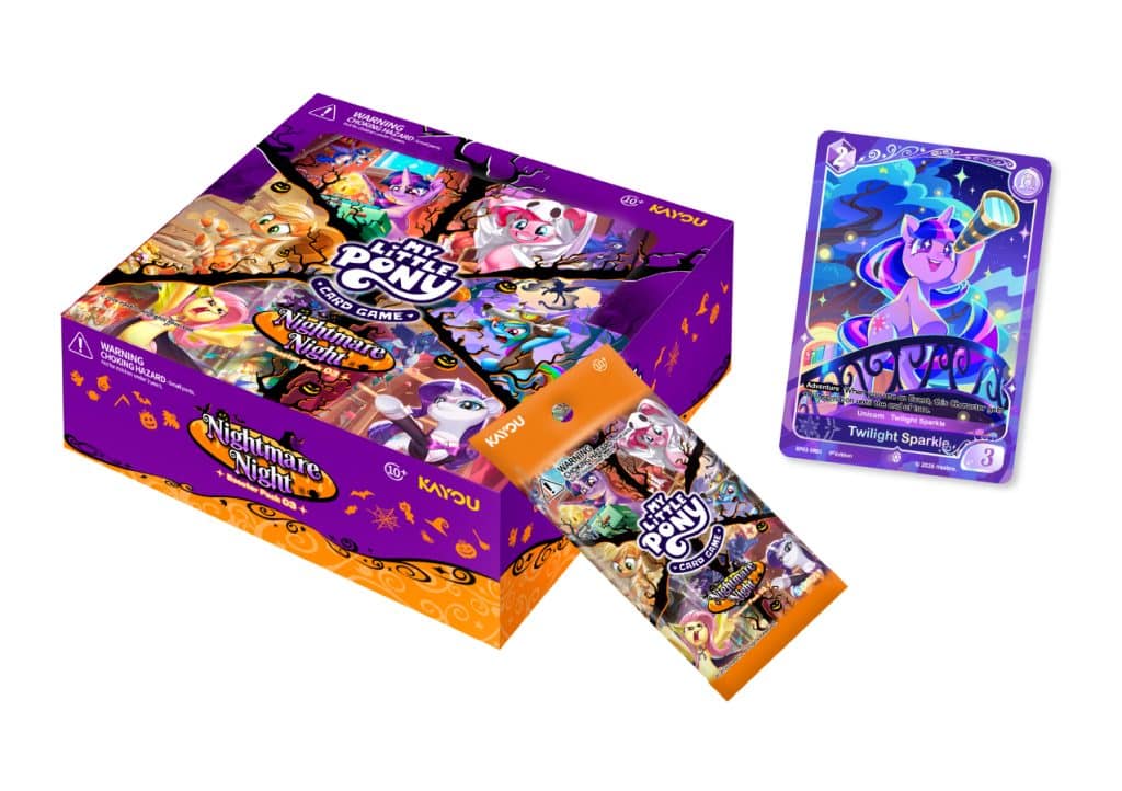 My Little Pony card game 'Nightmare Night' box featuring various characters and a Twilight Sparkle trading card, alongside a sealed booster pack.