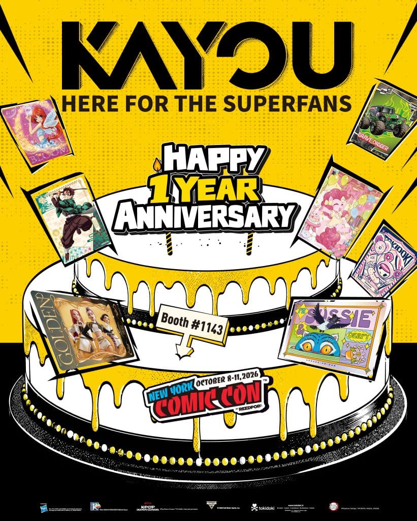 Promotional graphic for KAYOU's 1 year anniversary at New York Comic Con featuring a decorated cake, event dates, booth number 1143, and images of collectible cards.