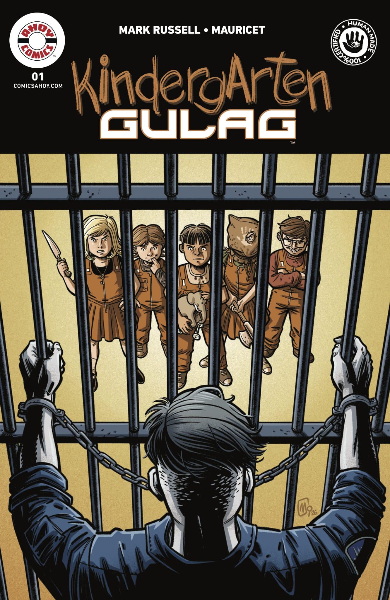 Cover art of the comic book 'Kindergarten Gulag', featuring a group of four young children in orange jumpsuits standing behind bars, with an adult figure in chains in the foreground.