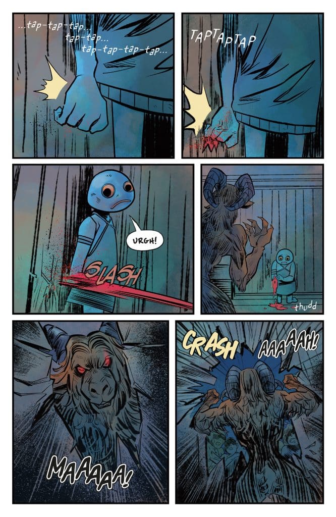 A panel showing a character with a shocked expression, clutching a bleeding hand, while another character, a creature with horns, appears threateningly.