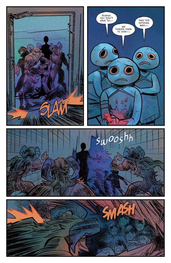 A comic panel depicting a tense scene with shadowy figures entering a room and slamming the door. Characters with round heads and worried expressions are huddled together. Dialogue accents the urgent atmosphere. Various action sound effects like 'SLAM,' 'swooshh,' and 'SMASH' enhance the dramatic impact.