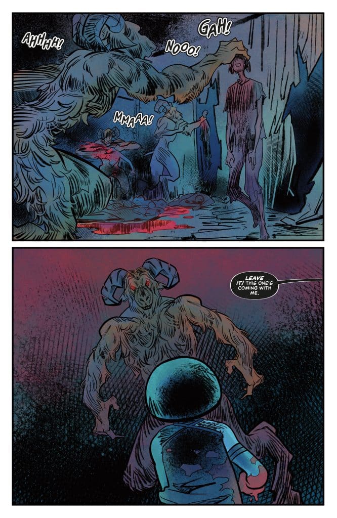 A dark and eerie comic scene featuring a fearsome creature with horns, surrounded by frightened characters. The atmosphere is tense, with one character appearing to be captured, while another looks on in horror, emphasizing the dramatic confrontation.