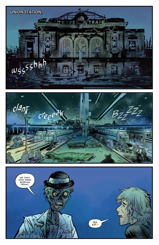 A dark, eerie depiction of a deserted Union Station with ghostly figures and a creepy atmosphere.