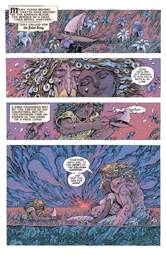 A comic panel featuring a surreal landscape with vibrant colors, depicting characters in a moment of intimacy and contemplation, surrounded by flowers, waves, and a boat in the background. The text conveys themes of love, war, and a journey to end conflict.