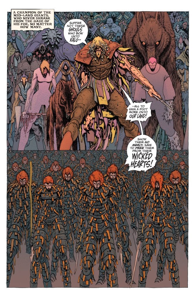 A dramatic comic book scene featuring a muscular character leading an army of humanoid figures with orange hair and armor-like outfits, surrounded by monstrous creatures in the background. The character is delivering a powerful speech with dialogue bubbles expressing defiance against ghouls.