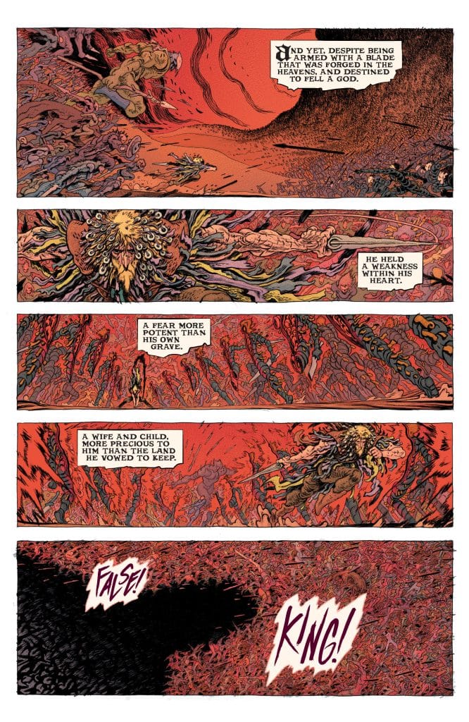 A comic panel depicting a warrior in a dramatic landscape, wielding a blade and confronting a monstrous figure. The background features swirling red and dark colors, conveying tension and conflict. Text boxes convey inner thoughts and emotions about duty and fear.