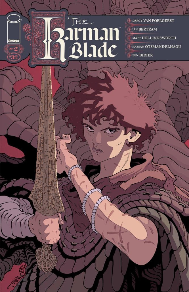 Cover of the comic book 'The Karman Blade' featuring a young character holding a sword and wearing jewelry, with intricate designs and a colorful background.