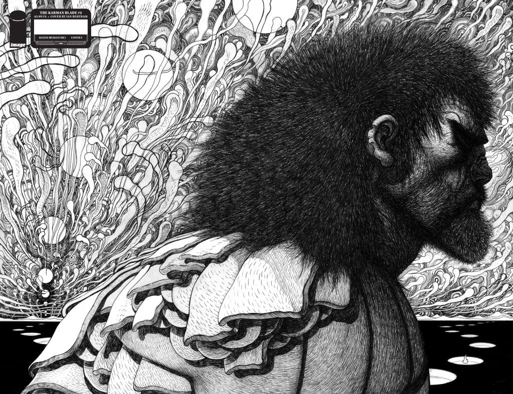 A detailed black and white illustration of a muscular man with a prominent hairstyle and beard, set against a chaotic background of swirling patterns and shapes.