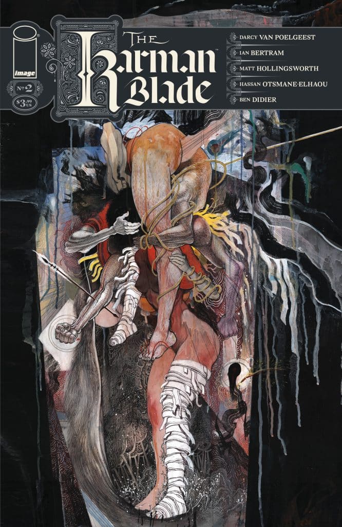 Cover of 'The Karman Blade' comic issue #2 featuring an abstract illustration of a character wrapped in bandages, with intricate details and a dark color palette.