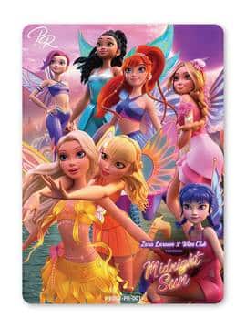 A group of animated fairy characters from the show 'Midnight Sun,' featuring diverse fairies in colorful outfits and wings, posed together with a scenic background.