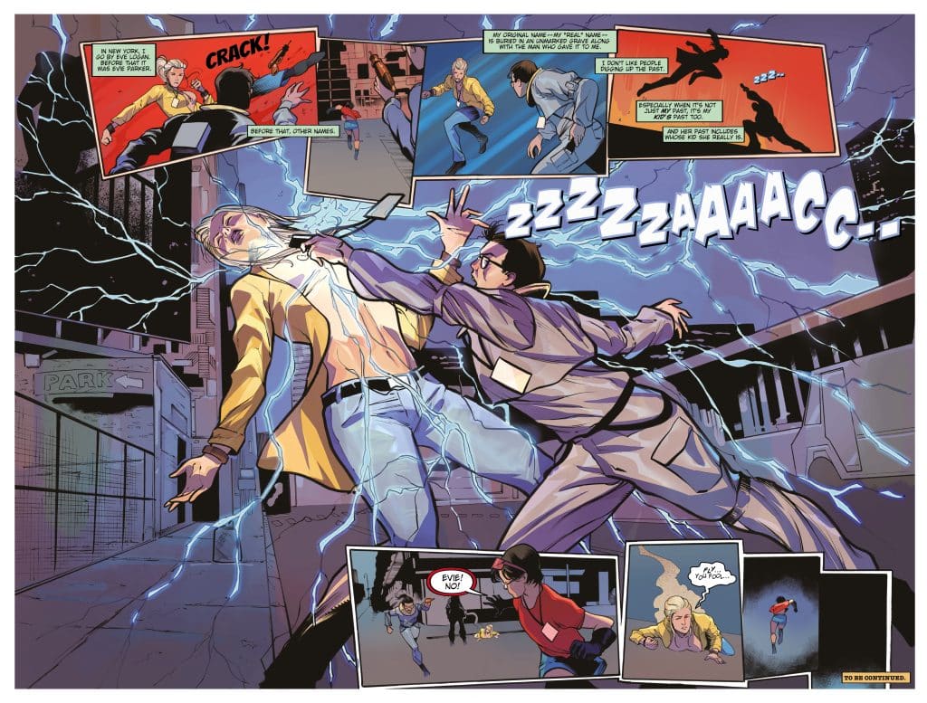 A comic book panel featuring a dramatic confrontation between two characters, one in a yellow shirt and the other in a gray outfit, with electric energy surrounding them. The scene captures intense action and dialogue, with speech bubbles conveying their backstory and emotions.