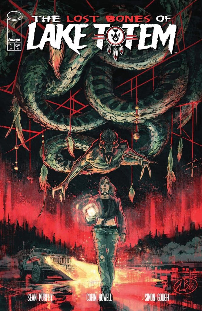 Comic book cover for 'The Lost Bones of Lake Totem,' featuring a woman holding a flashlight in a dark forest with a large snake-like creature above her.