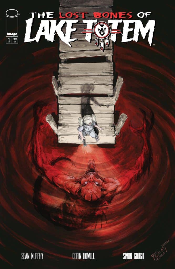 Cover of 'The Lost Bones of Lake Totem' comic book, featuring a character standing on a wooden dock overlooking a swirling red abyss with a monstrous creature emerging from it.