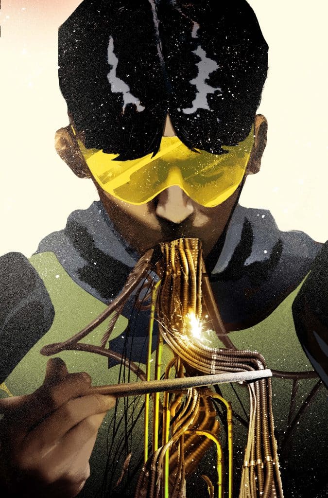 A figure wearing yellow protective goggles is holding wires and appears to be engaged in an intricate task, with glowing connections and sparks emanating from the wires in an artistic representation.