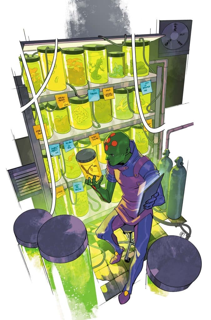 A green-skinned humanoid figure in a purple outfit sits on a stool, examining a yellow container in a laboratory filled with glowing jars and equipment.