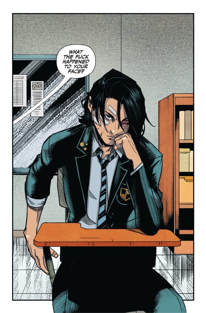 A student sitting at a desk with a contemplative expression, wearing a black school blazer with a white shirt and tie, featuring noticeable facial scars. A speech bubble above him reads, 'WHAT THE FUCK HAPPENED TO YOUR FACE?'