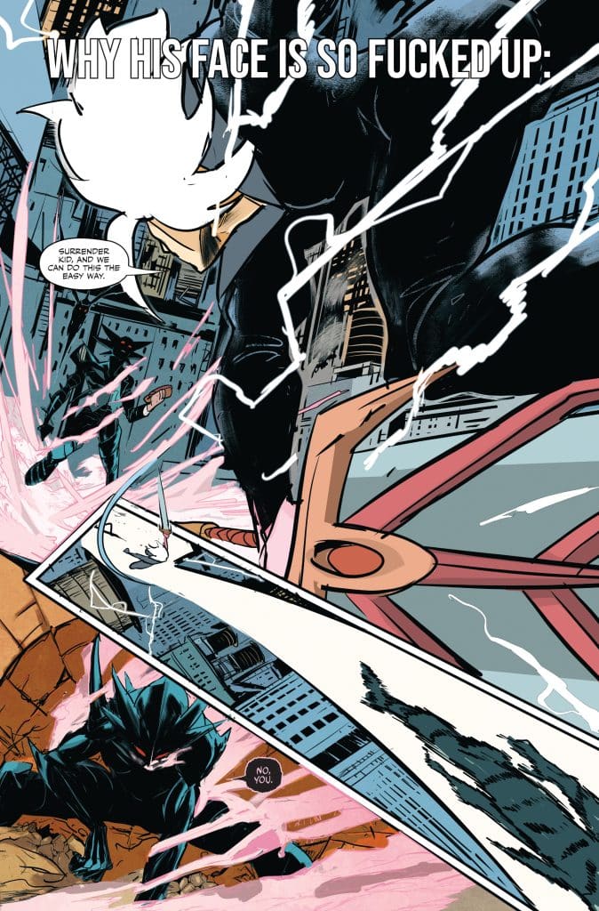 A dynamic comic book panel featuring two characters in a confrontation. The character on the left is crouching and appears to be in a defensive position, while the character on the right is emitting energy or electricity with a determined expression. Text overlays include a provocative question about the other character's facial appearance, adding a sense of urgency and drama to the scene.