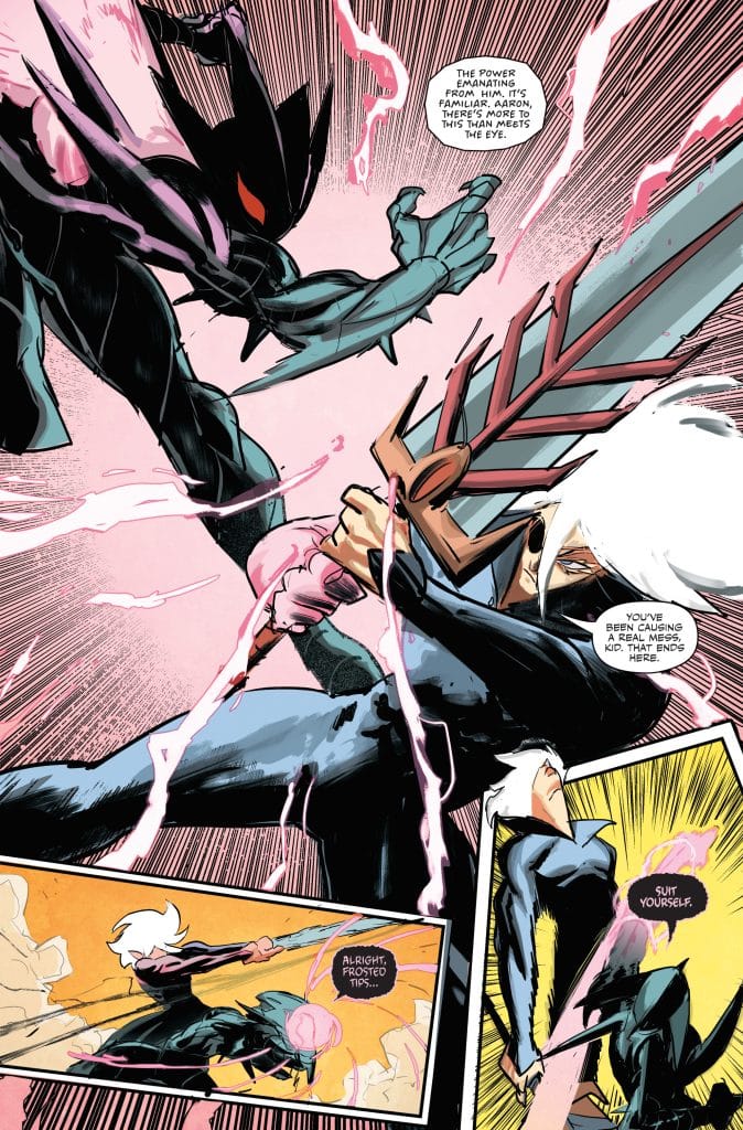 A dynamic comic book scene depicting a confrontation between two characters, one with dark attire and a weapon, and the other with white hair and a confident stance, surrounded by vibrant energy effects.