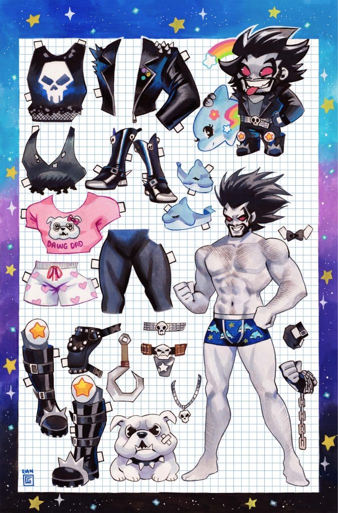 A colorful character design sheet featuring a muscular figure surrounded by various clothing items and accessories, including shirts, pants, and footwear, all with a playful and edgy style.