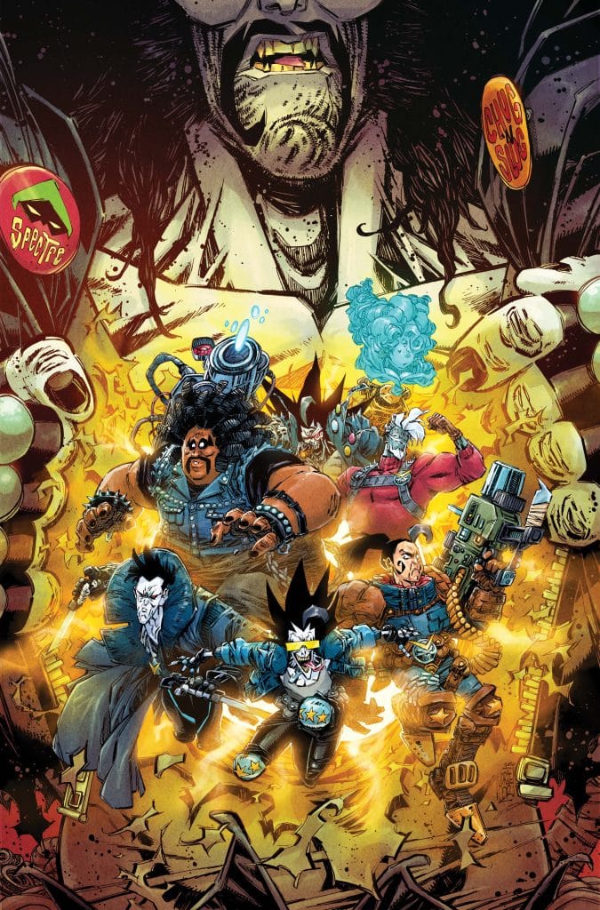 A group of colorful comic book characters, including a large figure with facial hair and dark attire, standing at the back with a fierce expression, surrounded by smaller, dynamic characters in action poses, showcasing a blend of futuristic and fantasy elements.