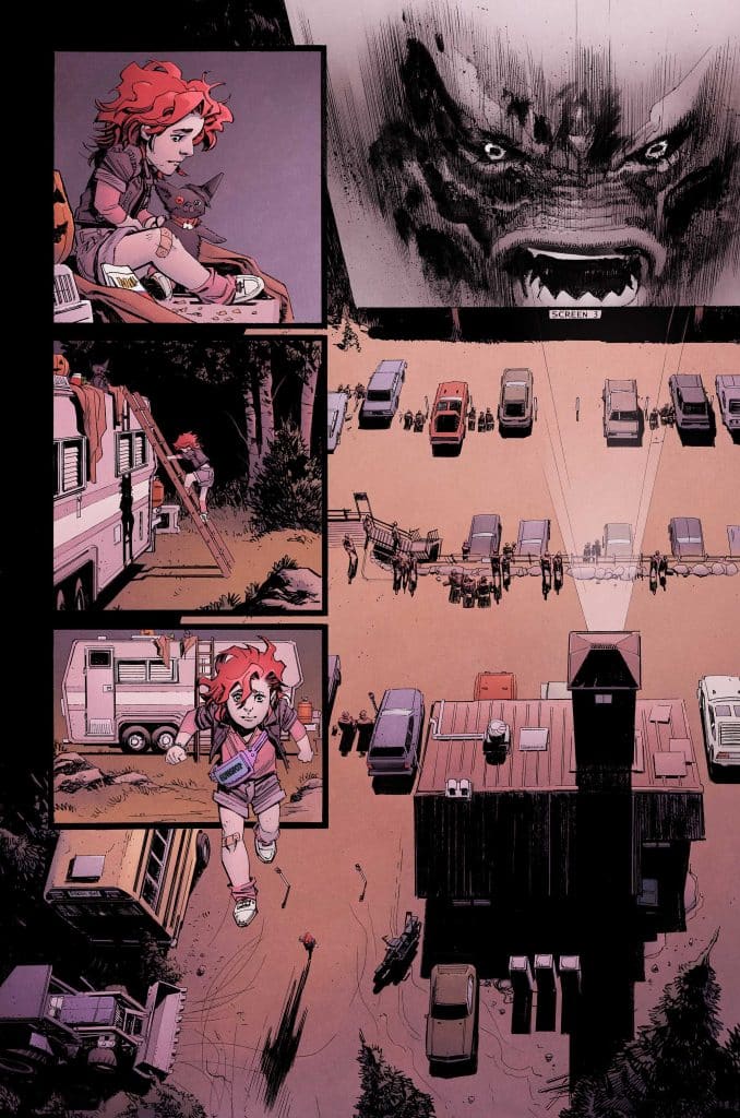 A comic book-style illustration featuring a girl with red hair and a cat, sitting thoughtfully. In the background, a monstrous face looms large on a screen, while a drive-in movie setting with various vehicles is depicted. The girl is shown walking towards a building, creating a sense of adventure and mystery.